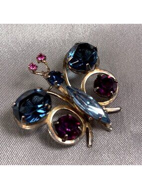 Vintage Rhinestone Butterfly Brooch Blue Pink Open Back Gold Tone Figural Pin
